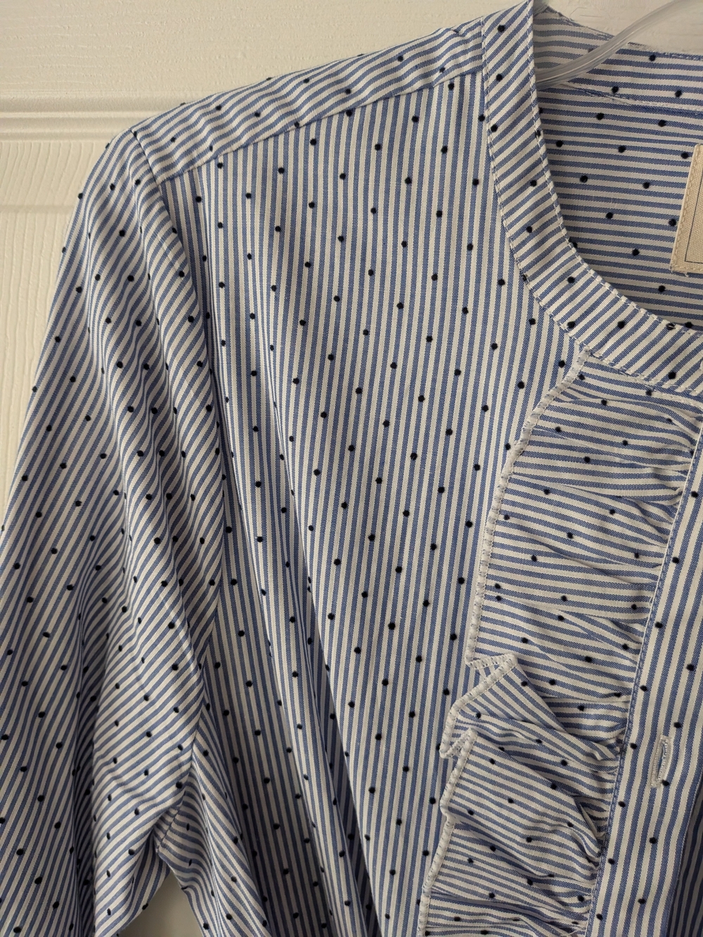 Court & Rowe Dotted Blue Pin Stripe Ruffle-Front Button Dress - Picture 4 of 9